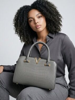 SHEIN Gray Croc-Embossed Dome Satchel with Gold V Emblem